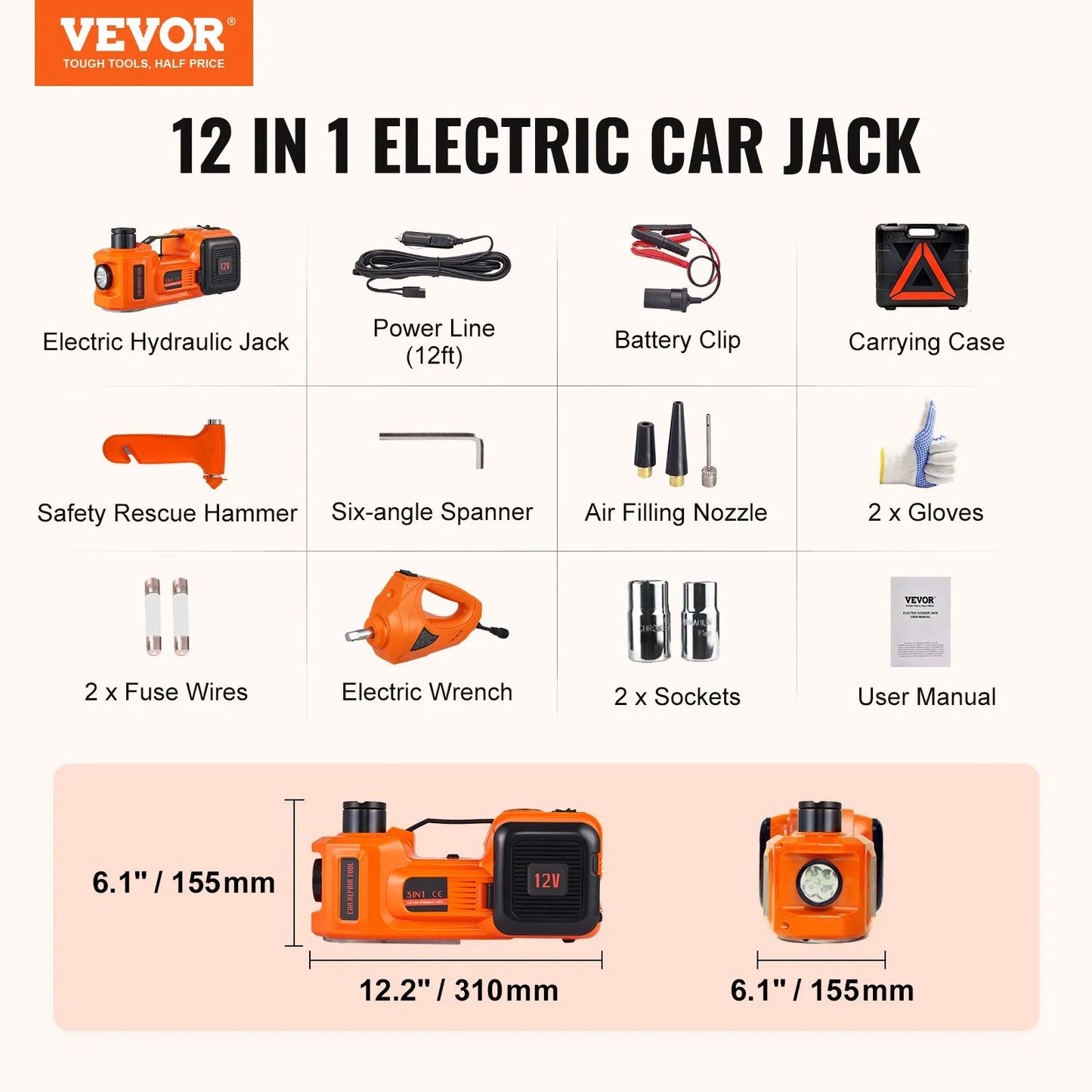 TuffNest 5-Ton Electric Car Jack with Impact Wrench – Hydraulic Lift with Built-in Air Pump & LED, Portable Tire Repair Kit for SUV, Sedan, MPV, Truck