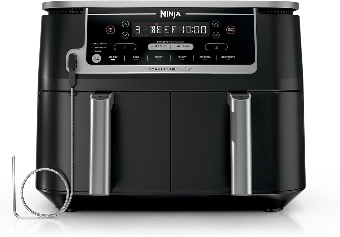 10QT DualZone XL Air Fryer – 6-in-1 Smart Cooker with 2 Independent 5QT Baskets, Smart Cook Thermometer, Air Fry, Roast, Bake, Dehydrate, Reheat – Grey DZ550