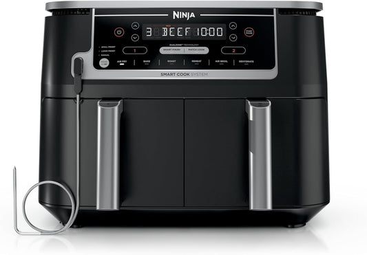 10QT DualZone XL Air Fryer – 6-in-1 Smart Cooker with 2 Independent 5QT Baskets, Smart Cook Thermometer, Air Fry, Roast, Bake, Dehydrate, Reheat – Grey DZ550