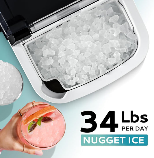 Portable Nugget Ice Maker – 34 lbs/day, Ready in 6 Mins, Auto-Cleaning, with Basket & Scoop – Perfect for Home, RV, Camping, Parties – Black | TuffNest Tools