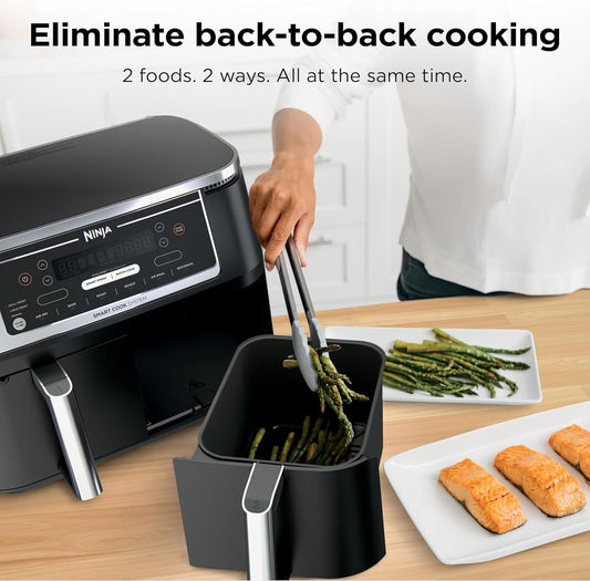 10QT DualZone XL Air Fryer – 6-in-1 Smart Cooker with 2 Independent 5QT Baskets, Smart Cook Thermometer, Air Fry, Roast, Bake, Dehydrate, Reheat – Grey DZ550