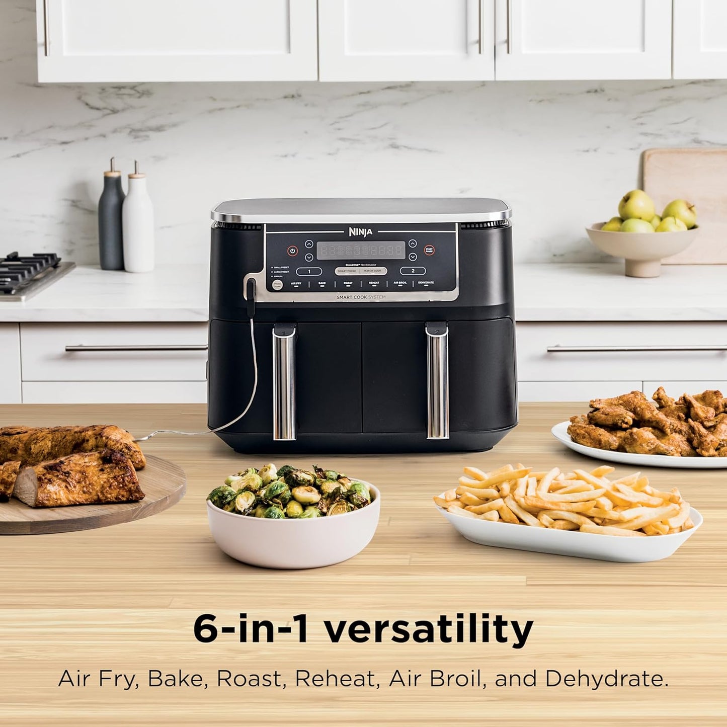 10QT DualZone XL Air Fryer – 6-in-1 Smart Cooker with 2 Independent 5QT Baskets, Smart Cook Thermometer, Air Fry, Roast, Bake, Dehydrate, Reheat – Grey DZ550