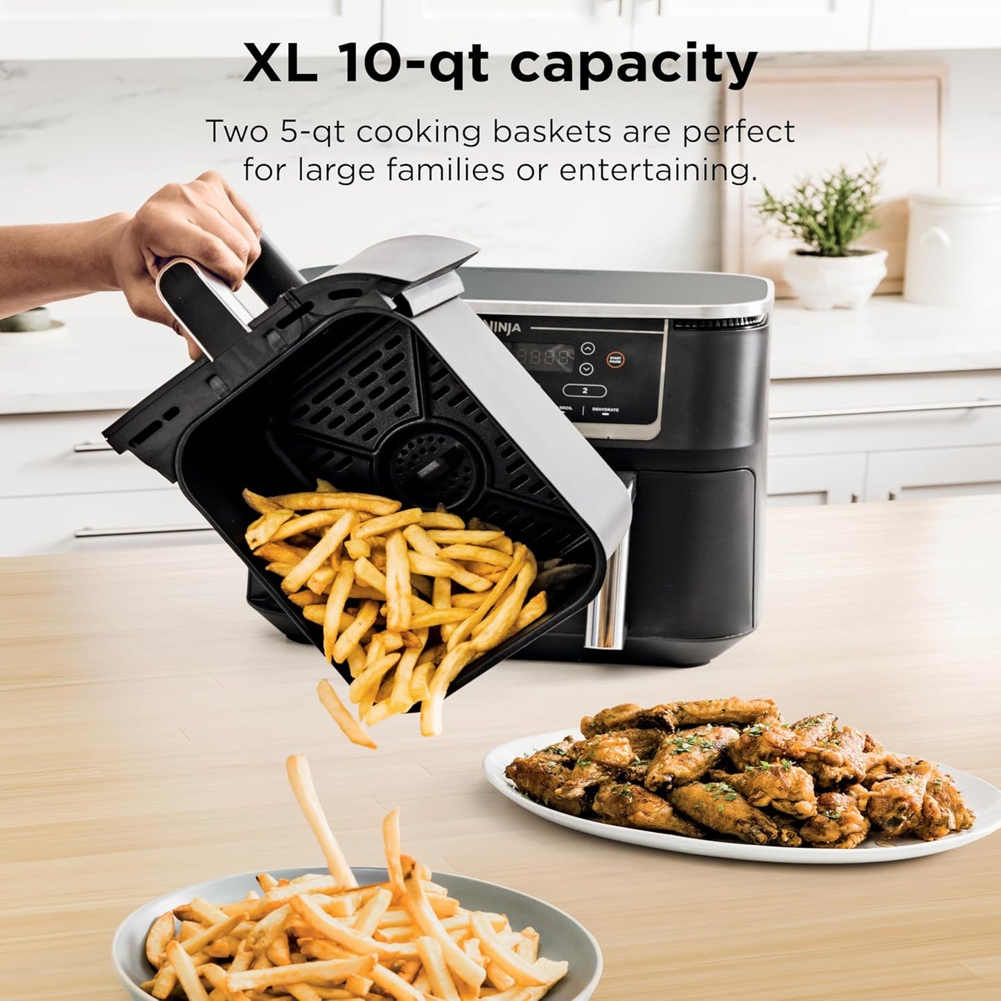 10QT DualZone XL Air Fryer – 6-in-1 Smart Cooker with 2 Independent 5QT Baskets, Smart Cook Thermometer, Air Fry, Roast, Bake, Dehydrate, Reheat – Grey DZ550
